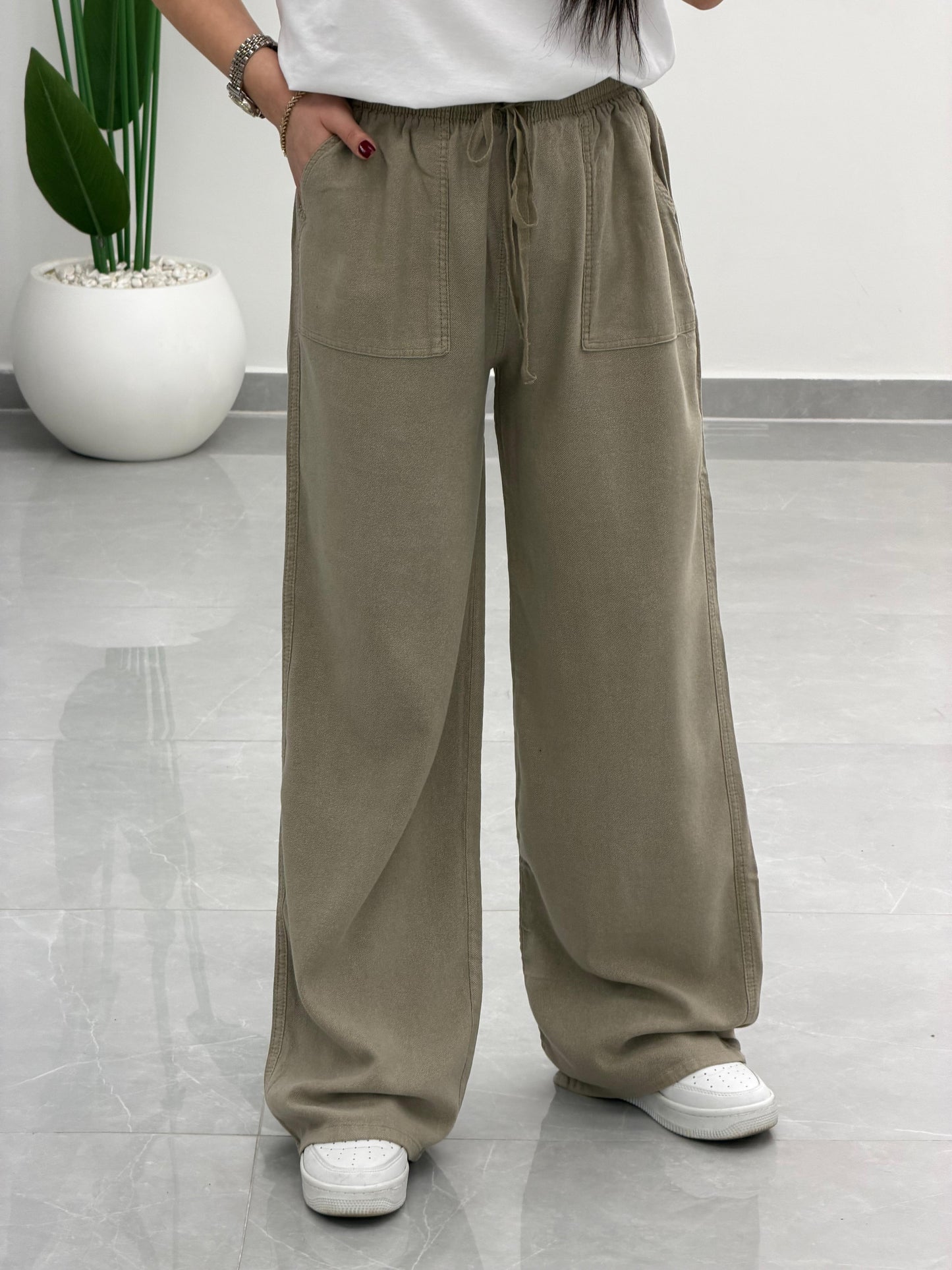 Bol Paça Yüksek Bel Tensel Palazzo Pantolon Antik Vizon