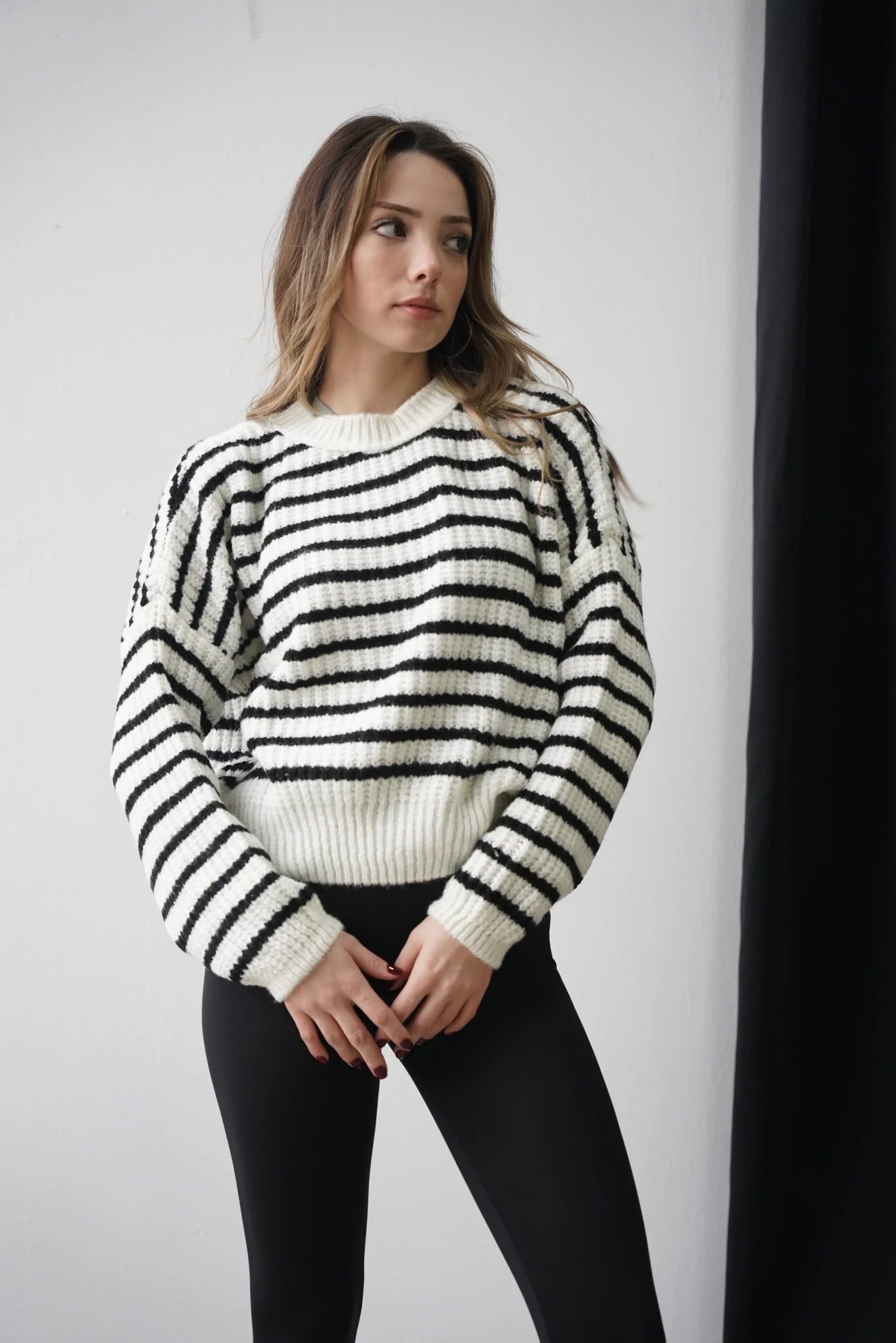 Crop Örme Triko Kazak - Çizgili Beyaz