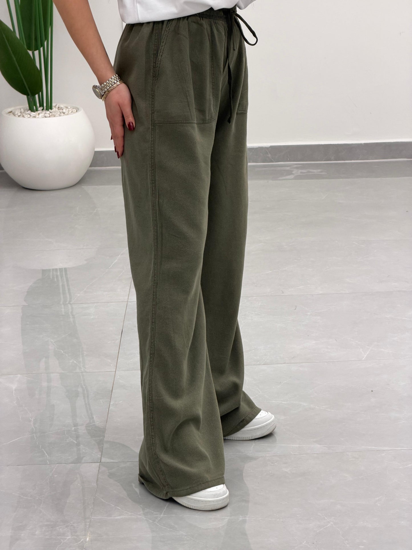 Bol Paça Yüksek Bel Tensel Palazzo Pantolon Haki