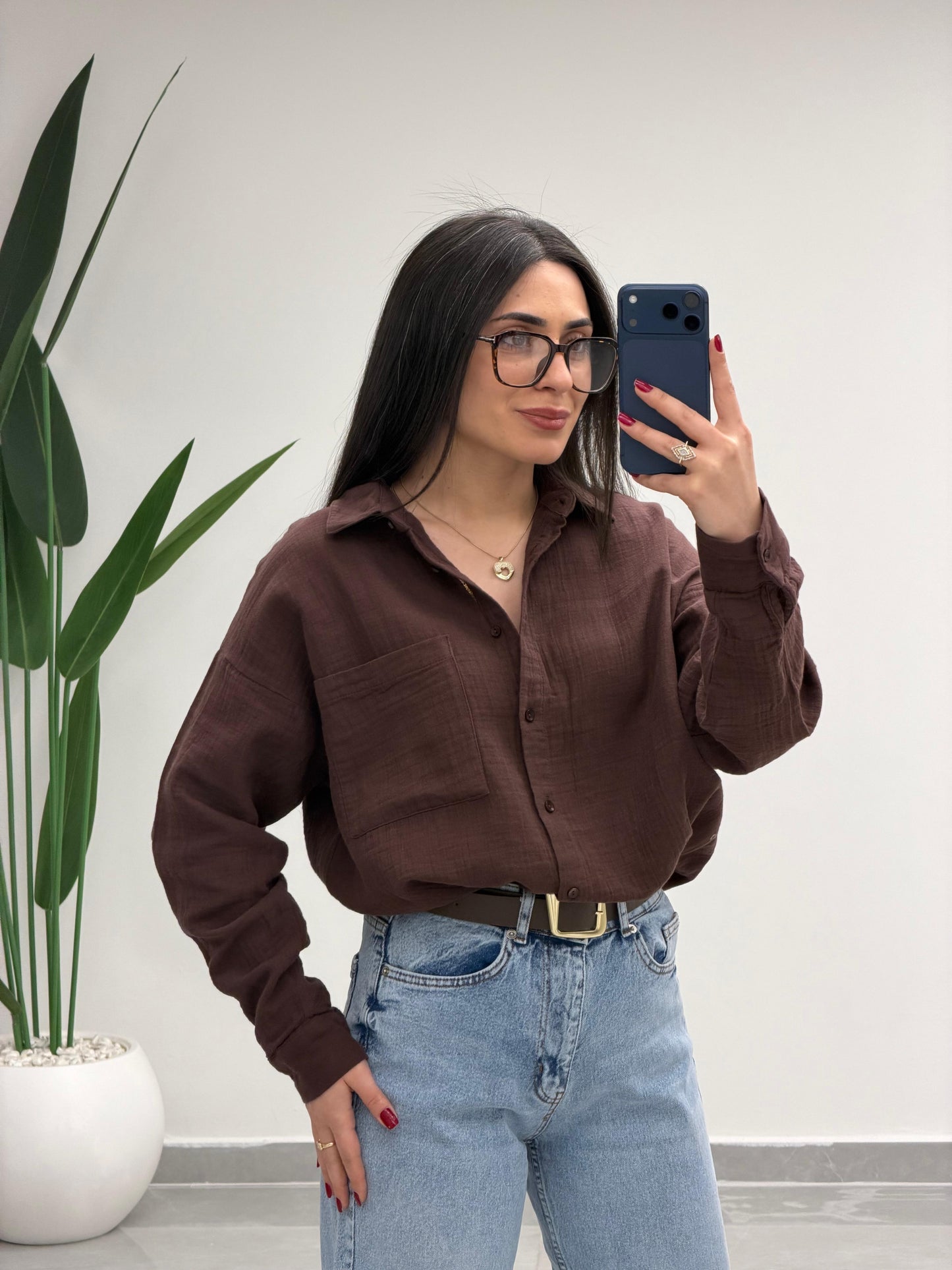 Tek Cepli Oversize Müslin Gömlek Kahve