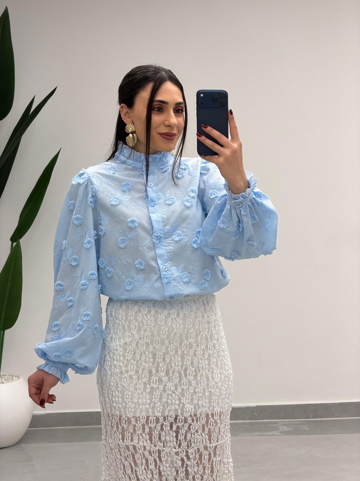 Çiçek Desen Gömlek Mavi