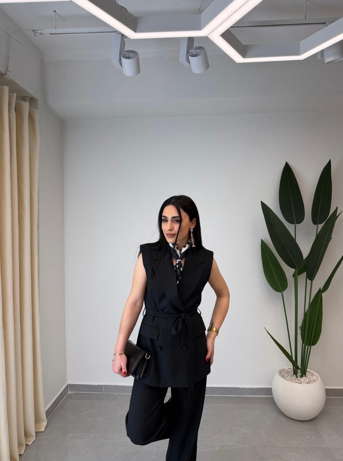 Düğmeli Kuşaklı Yelek-Pantolon İkili Takım