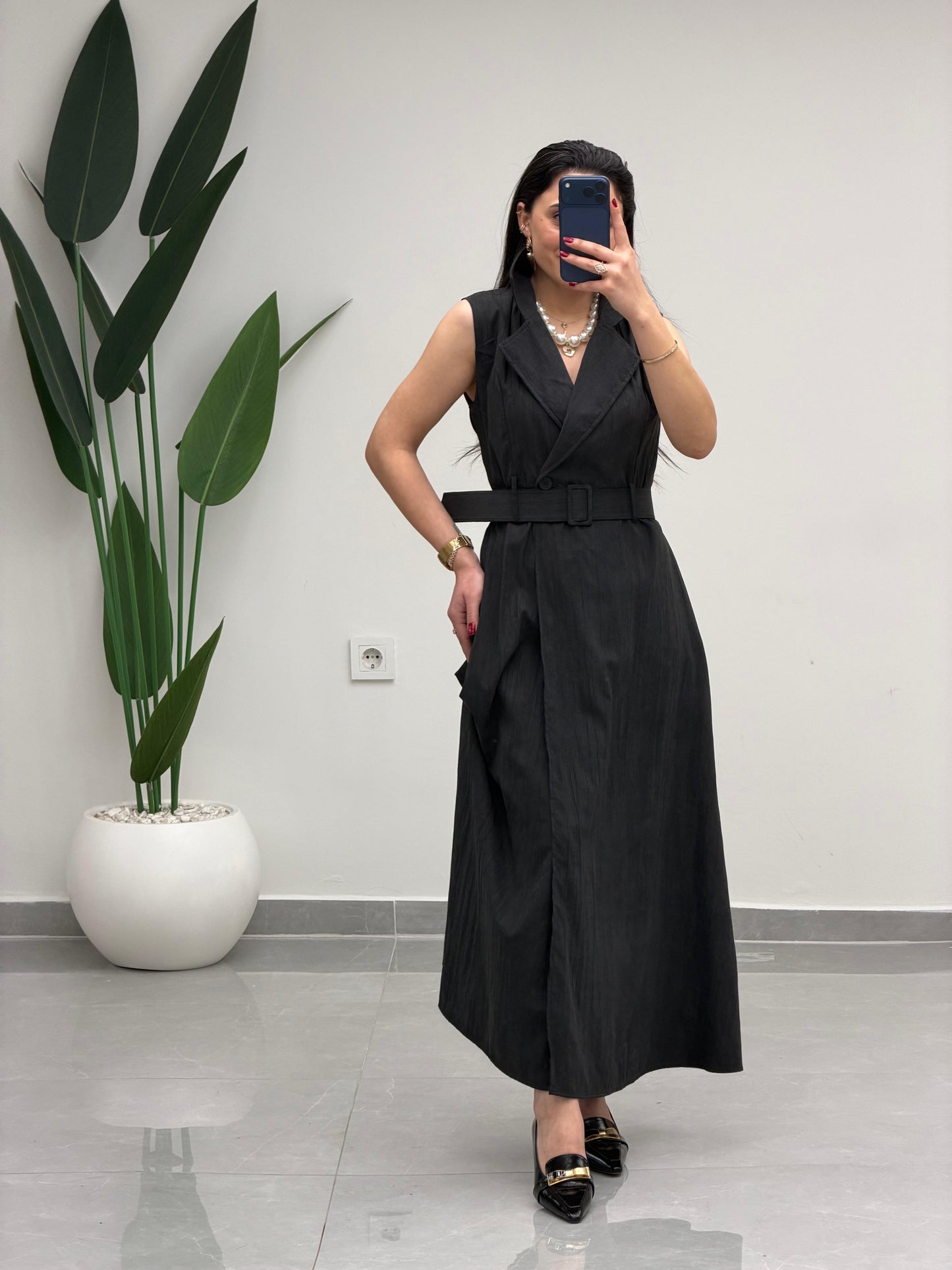 Kruvaze Yaka Kemerli Elbise Siyah