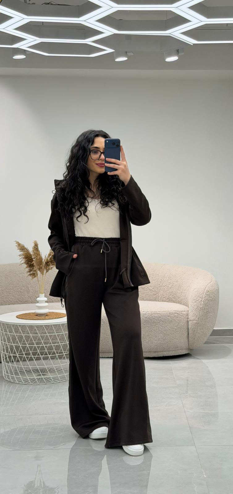 Paraşüt Garnili Bel Lastikli Modal Takım Kahve