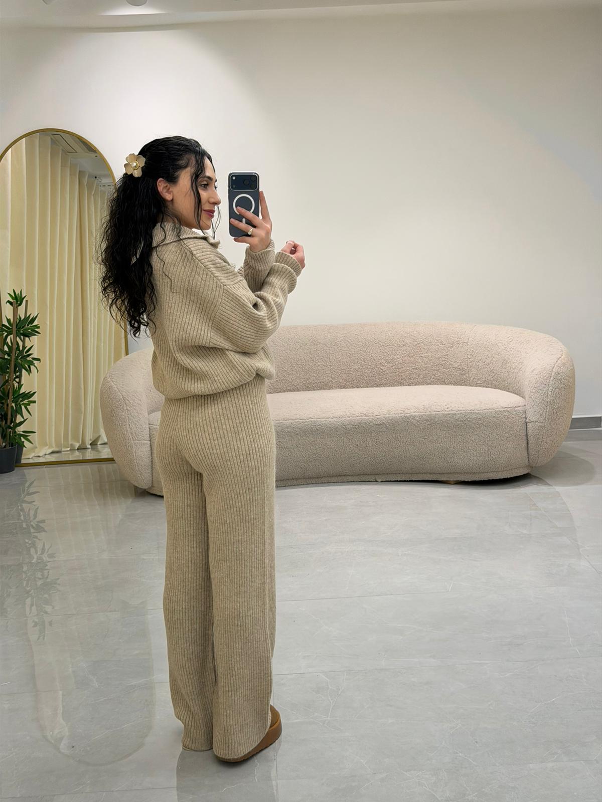 Boğazlı Triko Takım Sütlü Kahve