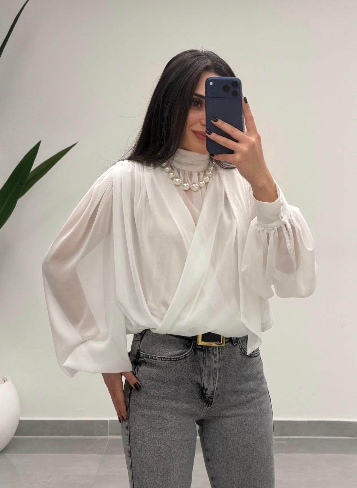 Yaka Bağlamalı Şifon Bluz Beyaz