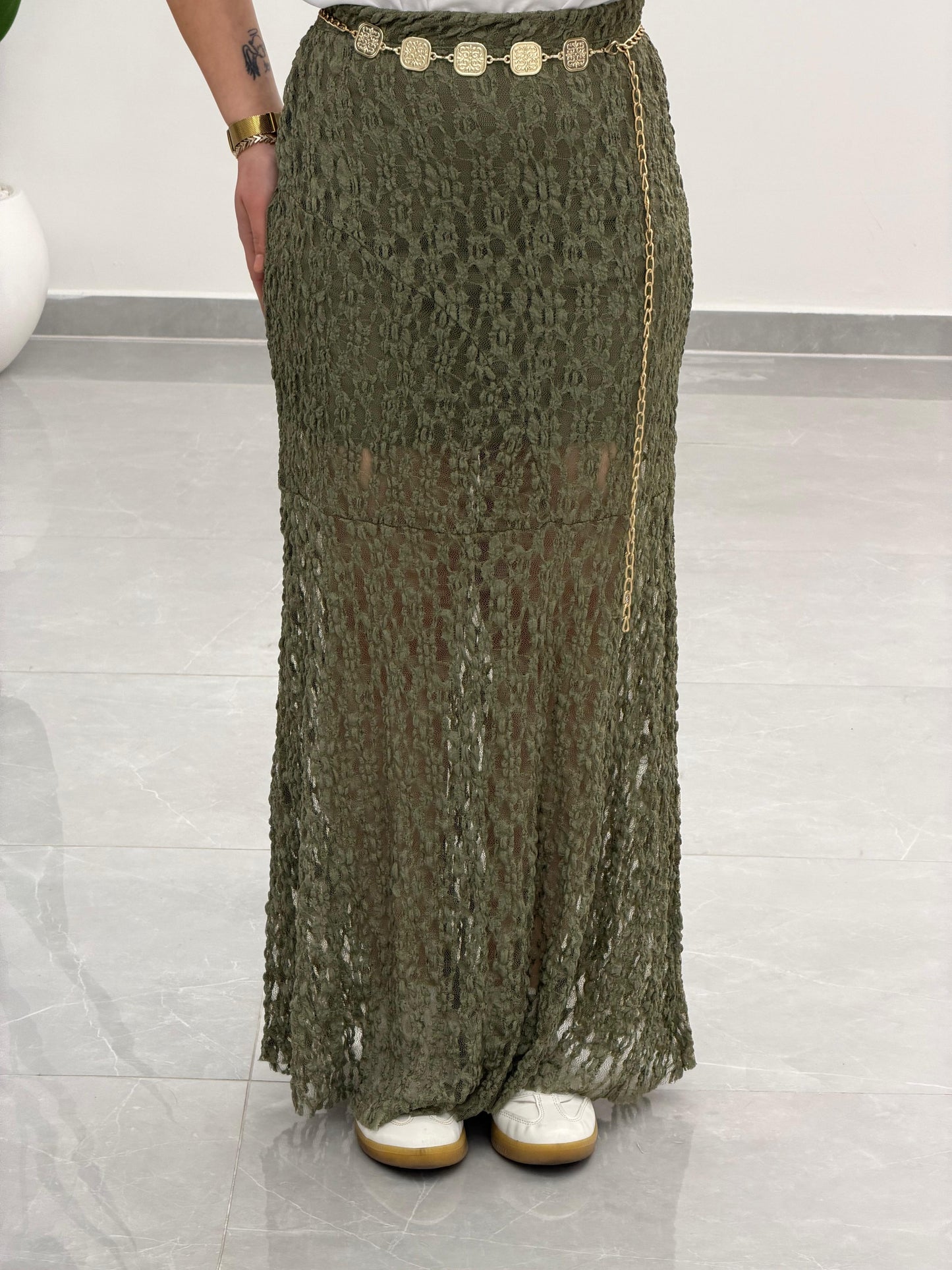 Volanlı Dantel Midi Etek Haki