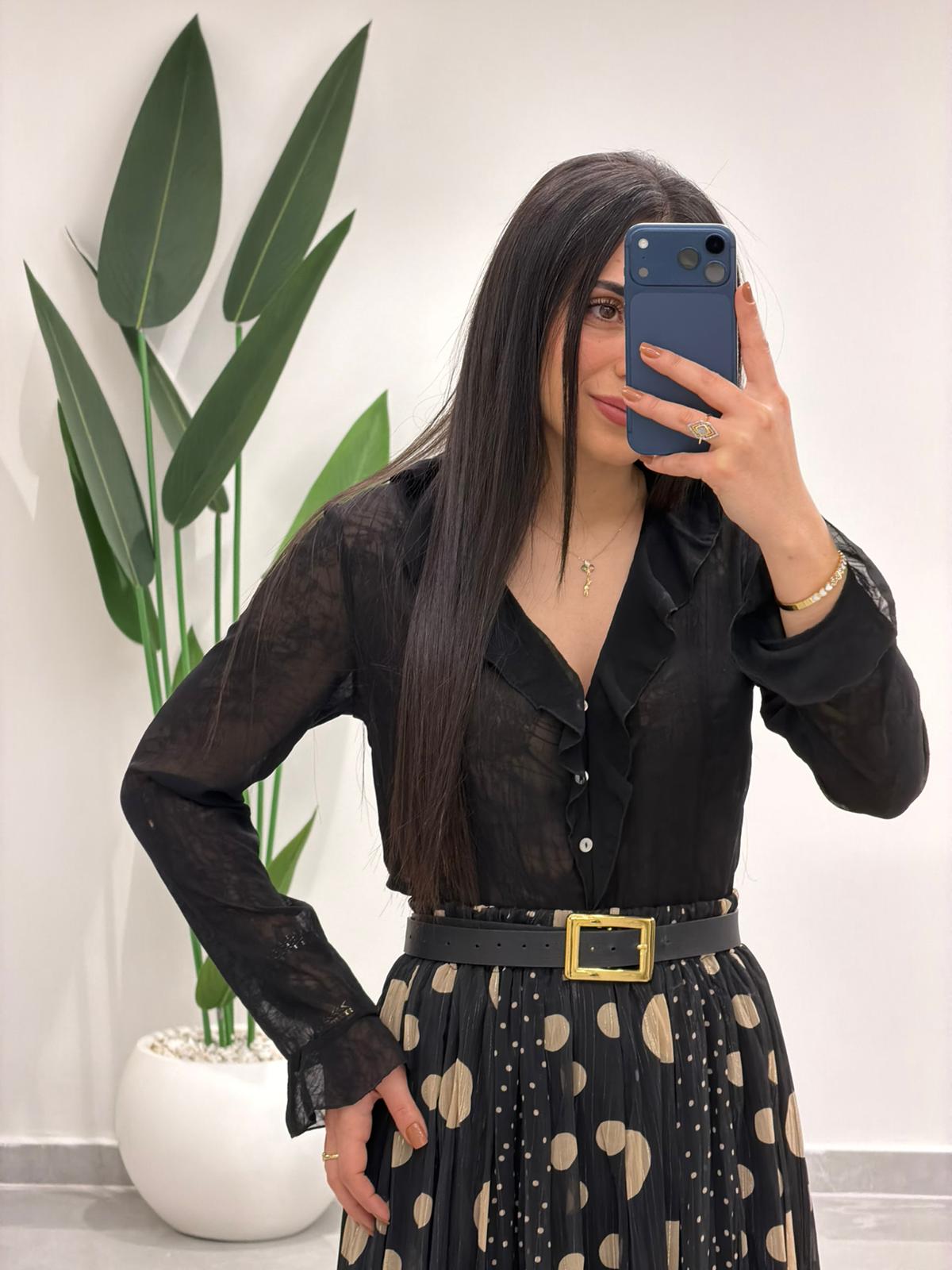 Puantiyeli Simli Şifon Etek Siyah