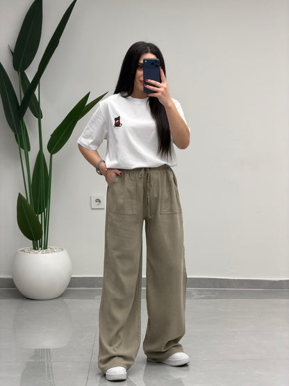 Bol Paça Yüksek Bel Tensel Palazzo Pantolon Antik Vizon