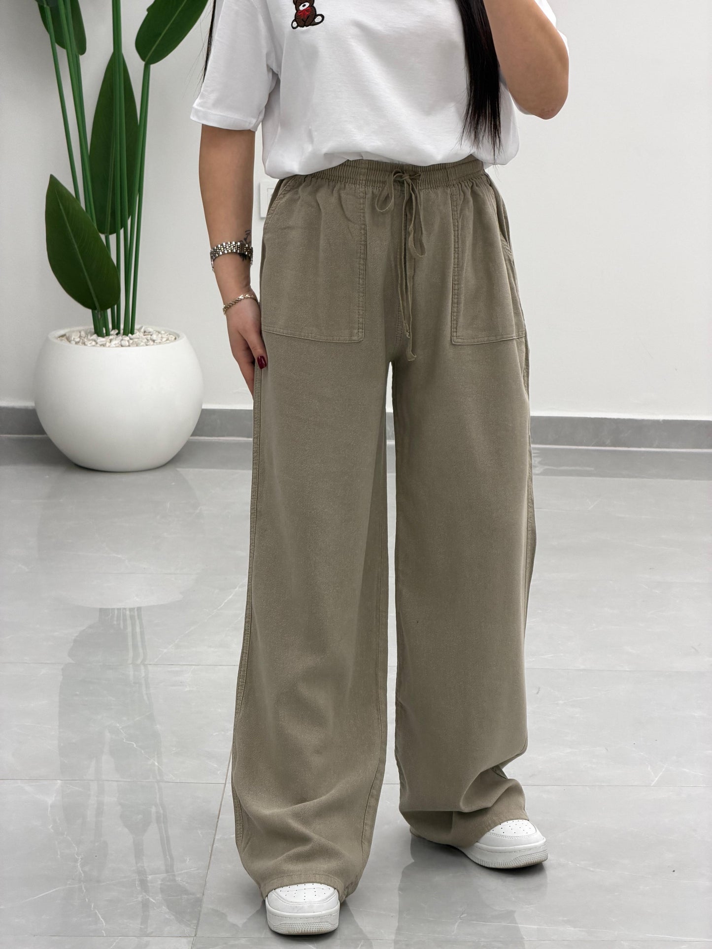 Bol Paça Yüksek Bel Tensel Palazzo Pantolon Antik Vizon