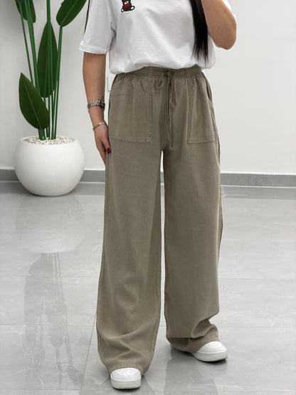 Bol Paça Yüksek Bel Tensel Palazzo Pantolon Antik Vizon