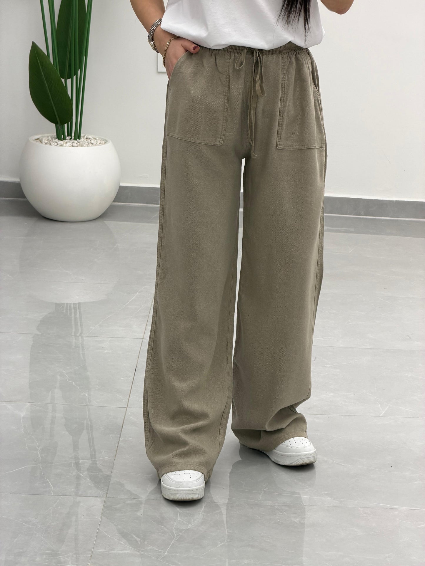 Bol Paça Yüksek Bel Tensel Palazzo Pantolon Antik Vizon