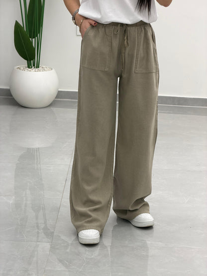 Bol Paça Yüksek Bel Tensel Palazzo Pantolon Antik Vizon