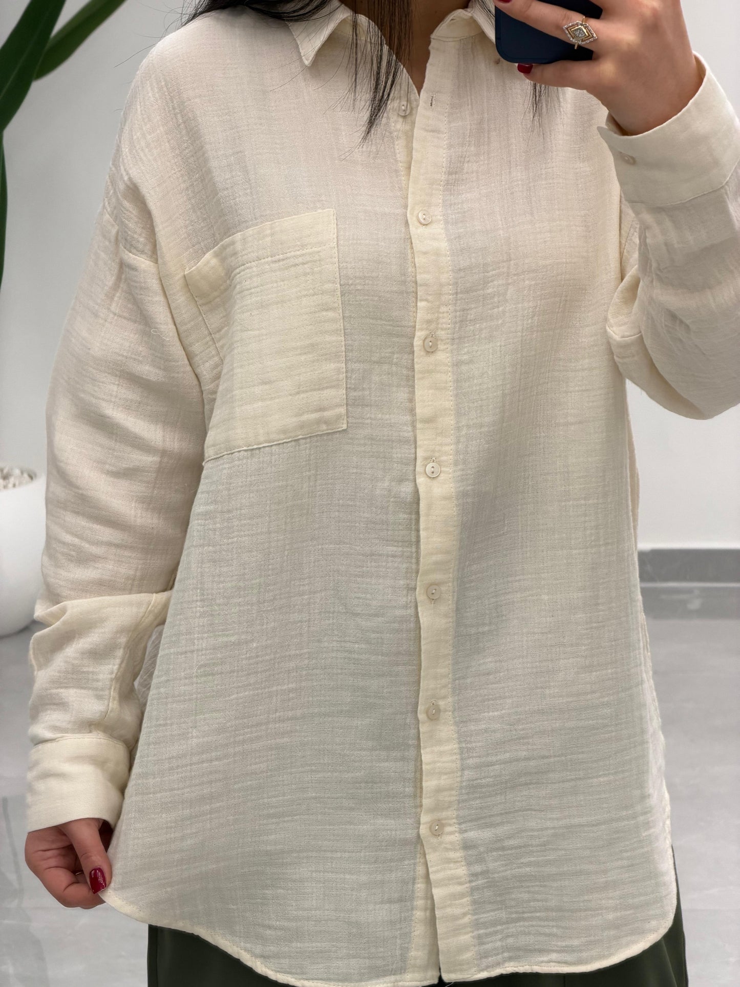 Tek Cepli Oversize Müslin Gömlek Bej