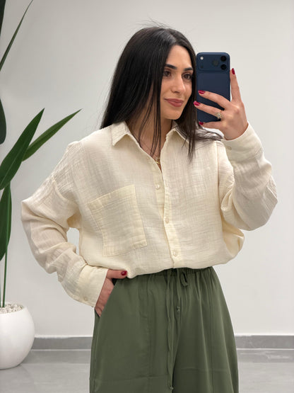 Tek Cepli Oversize Müslin Gömlek Bej