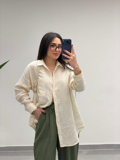 Tek Cepli Oversize Müslin Gömlek Bej