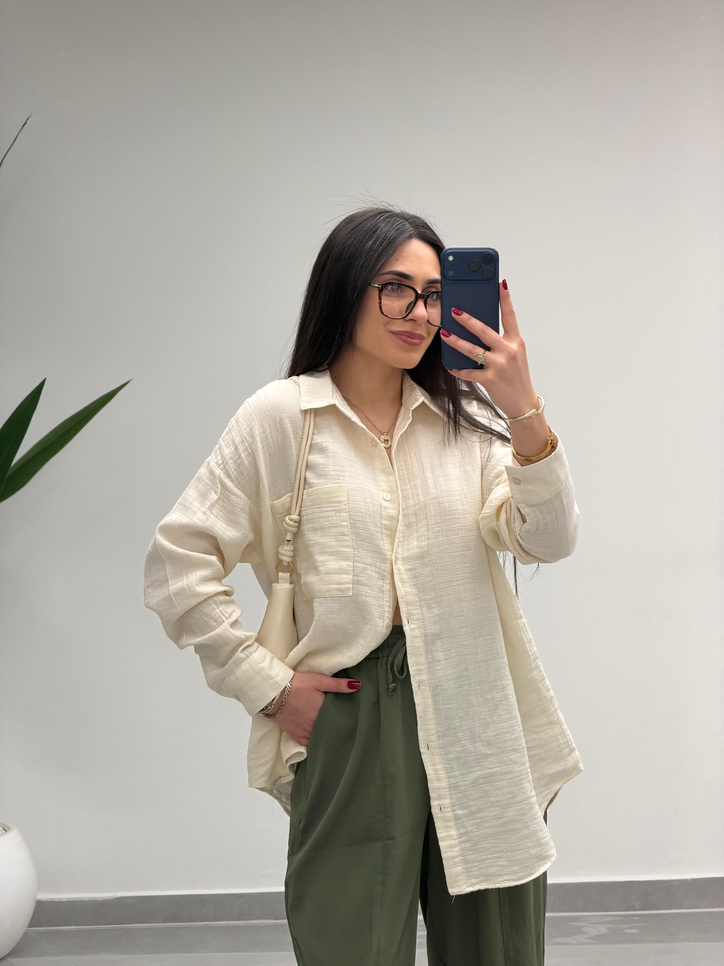 Tek Cepli Oversize Müslin Gömlek Bej