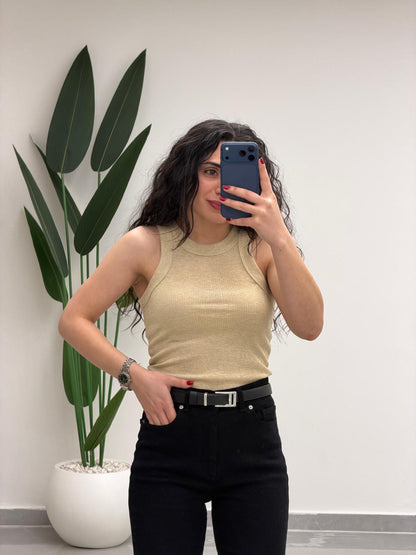 Simli Halter Yaka Atlet Bej