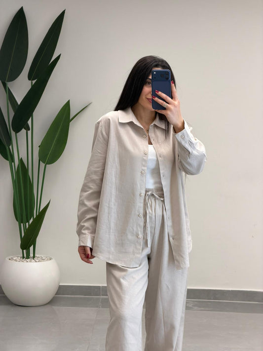 Keten Pantolon-Gömlek İkili Takım Bej