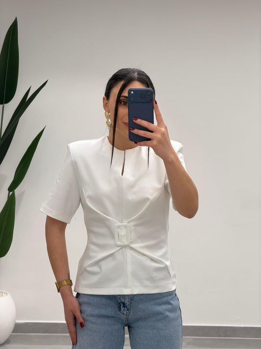 Toka Detay Vatkalı Bluz Beyaz