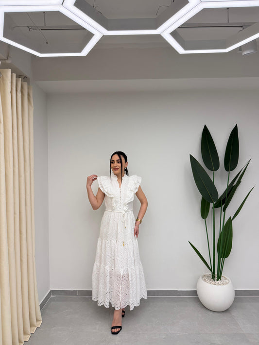 Kolsuz Fırfır ve Düğme Detaylı Beli Bağcıklı Fistolu Elbise Beyaz