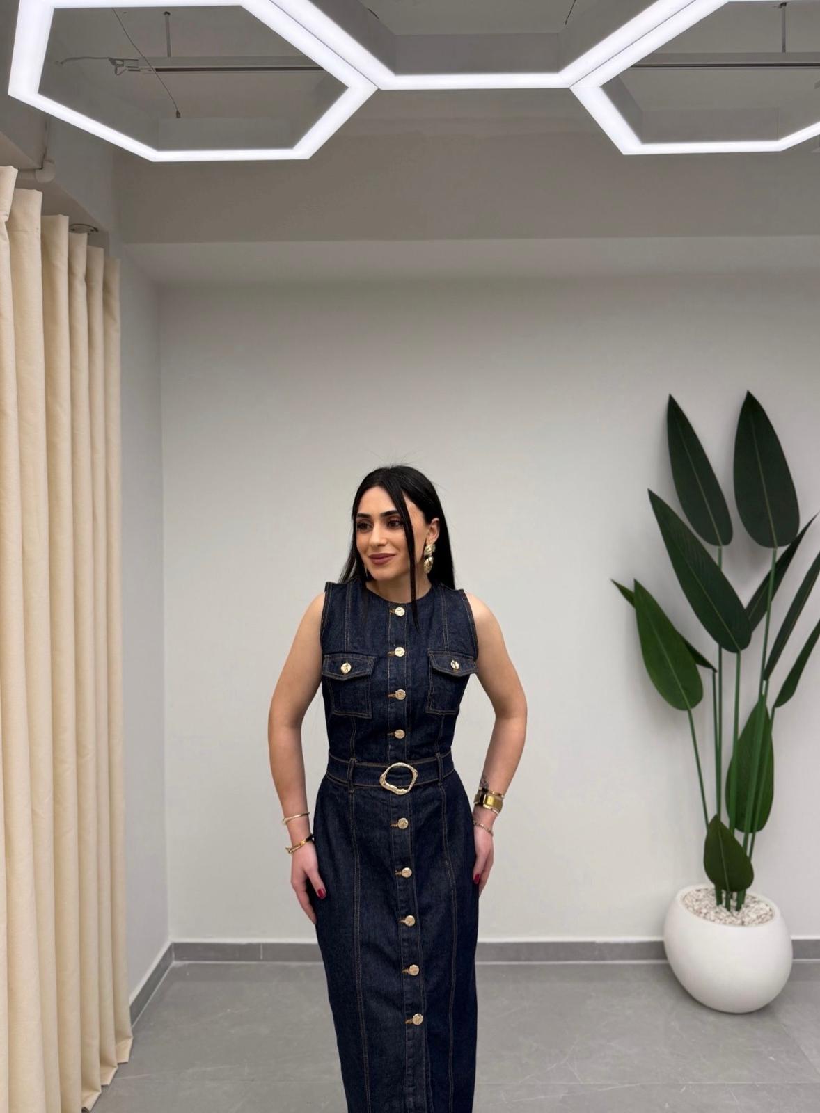 Gold Düğmeli Denim Elbise