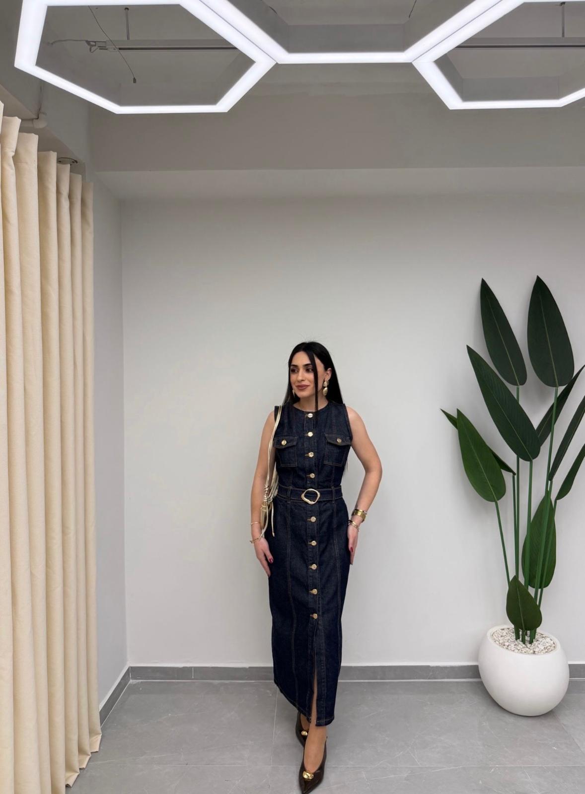 Gold Düğmeli Denim Elbise