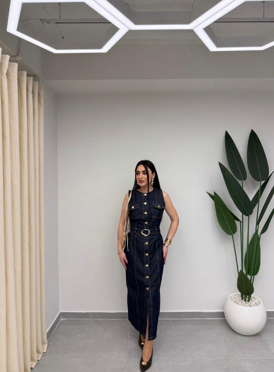 Gold Düğmeli Denim Elbise