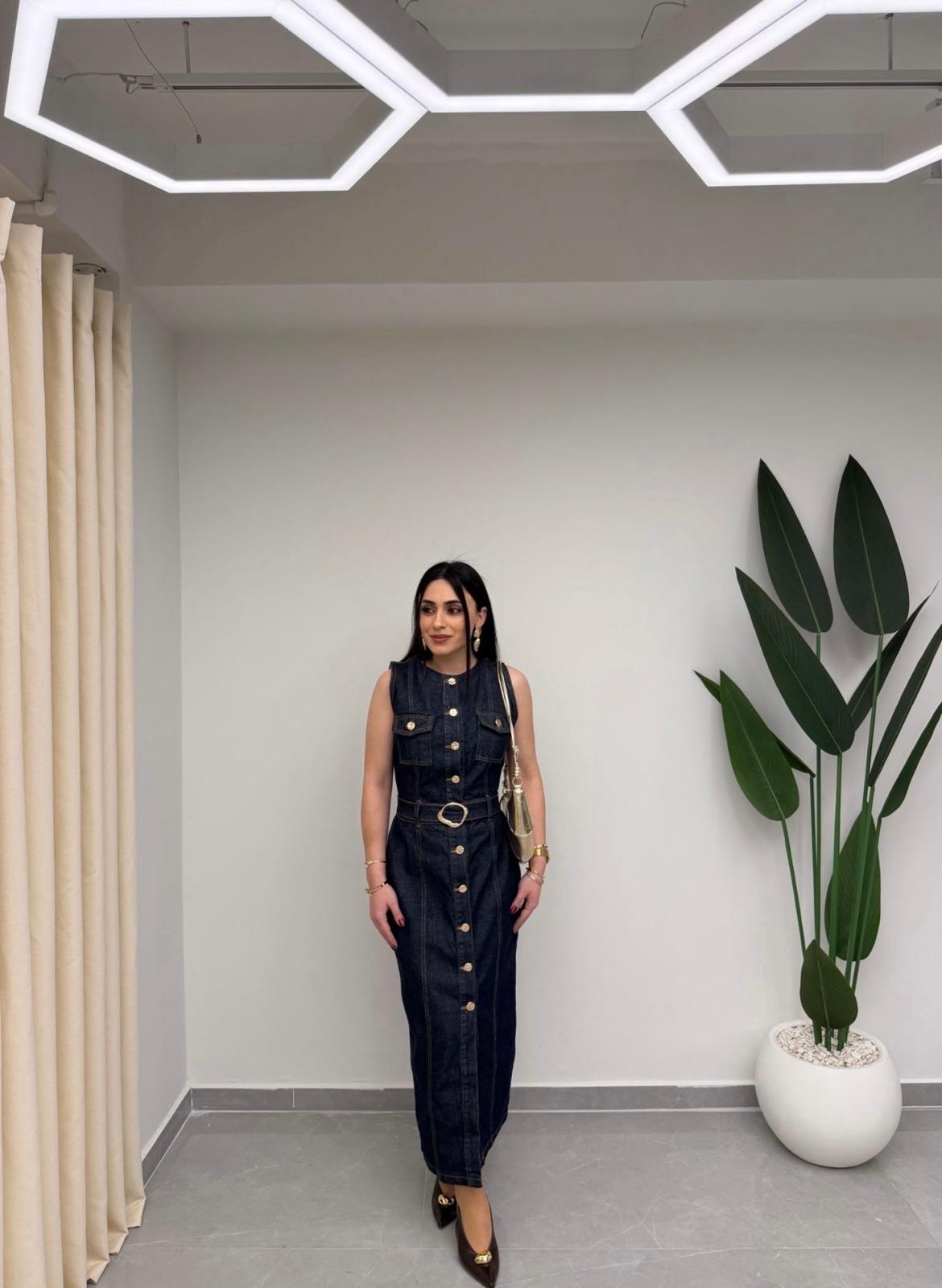 Gold Düğmeli Denim Elbise