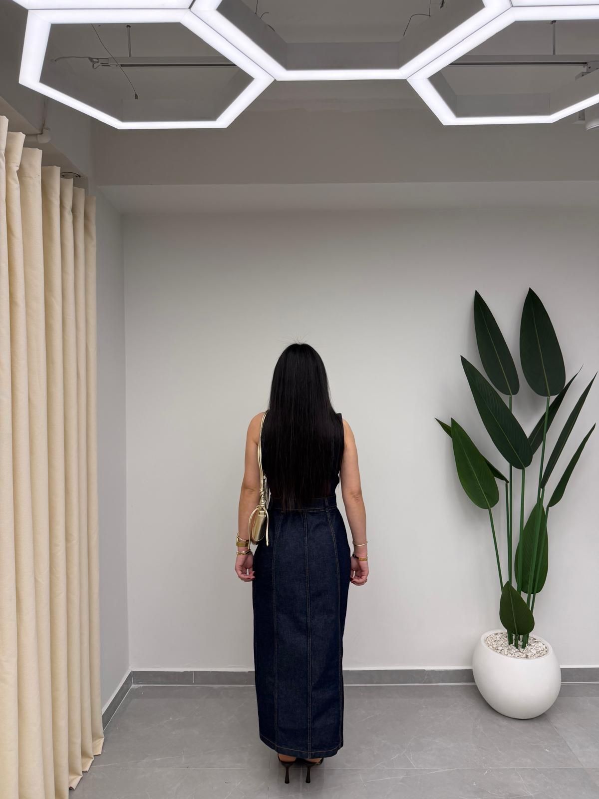 Gold Düğmeli Denim Elbise