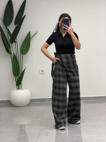 Fular Detaylı Marka Model Ekose Pantolon Gri