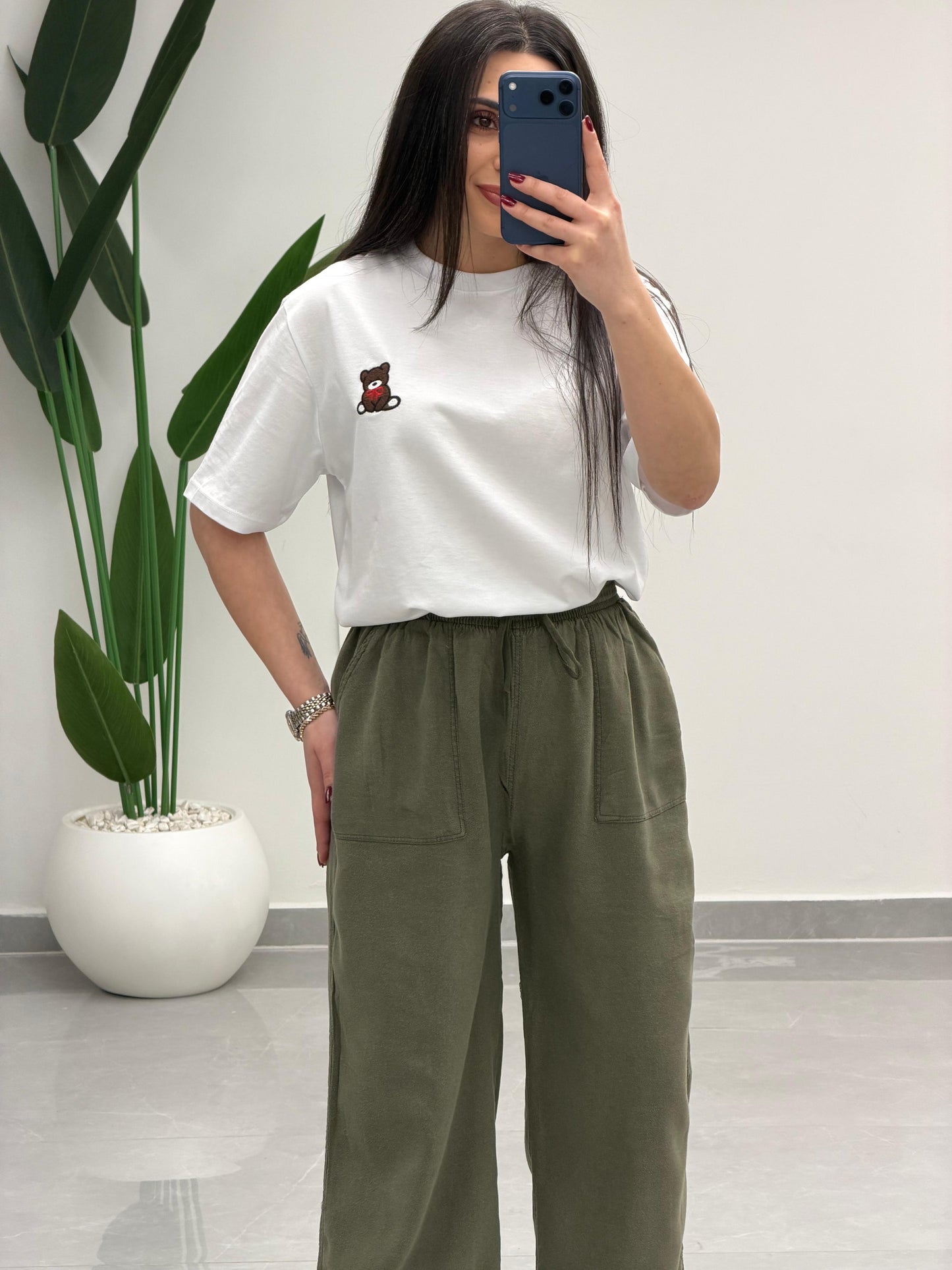 Bol Paça Yüksek Bel Tensel Palazzo Pantolon Haki