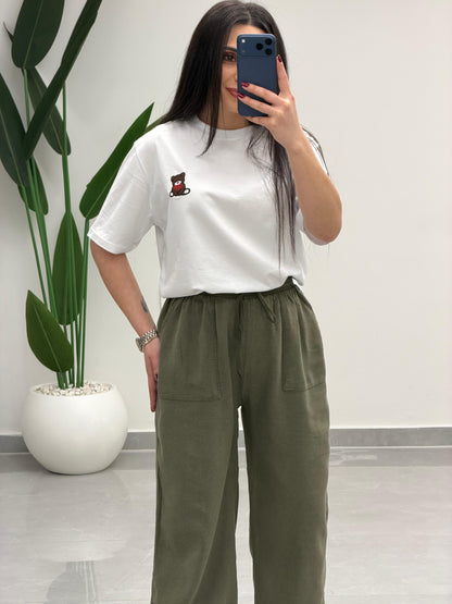 Bol Paça Yüksek Bel Tensel Palazzo Pantolon Haki