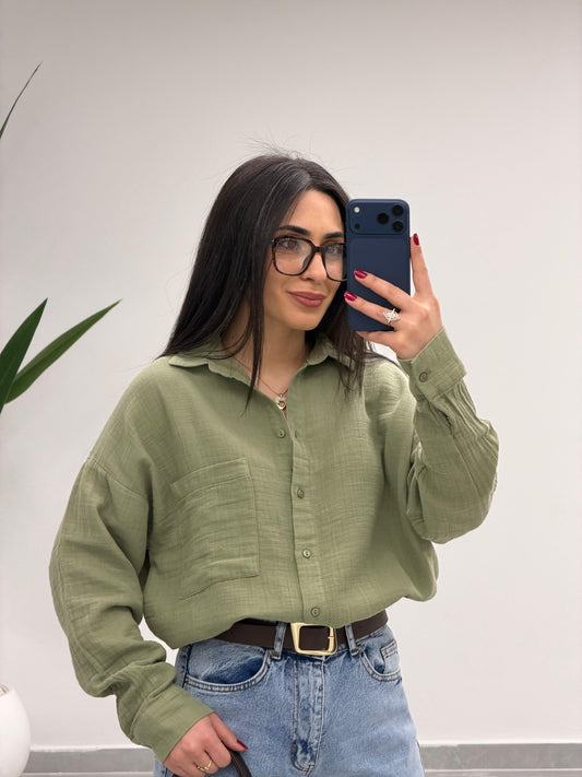 Tek Cepli Oversize Müslin Gömlek Haki