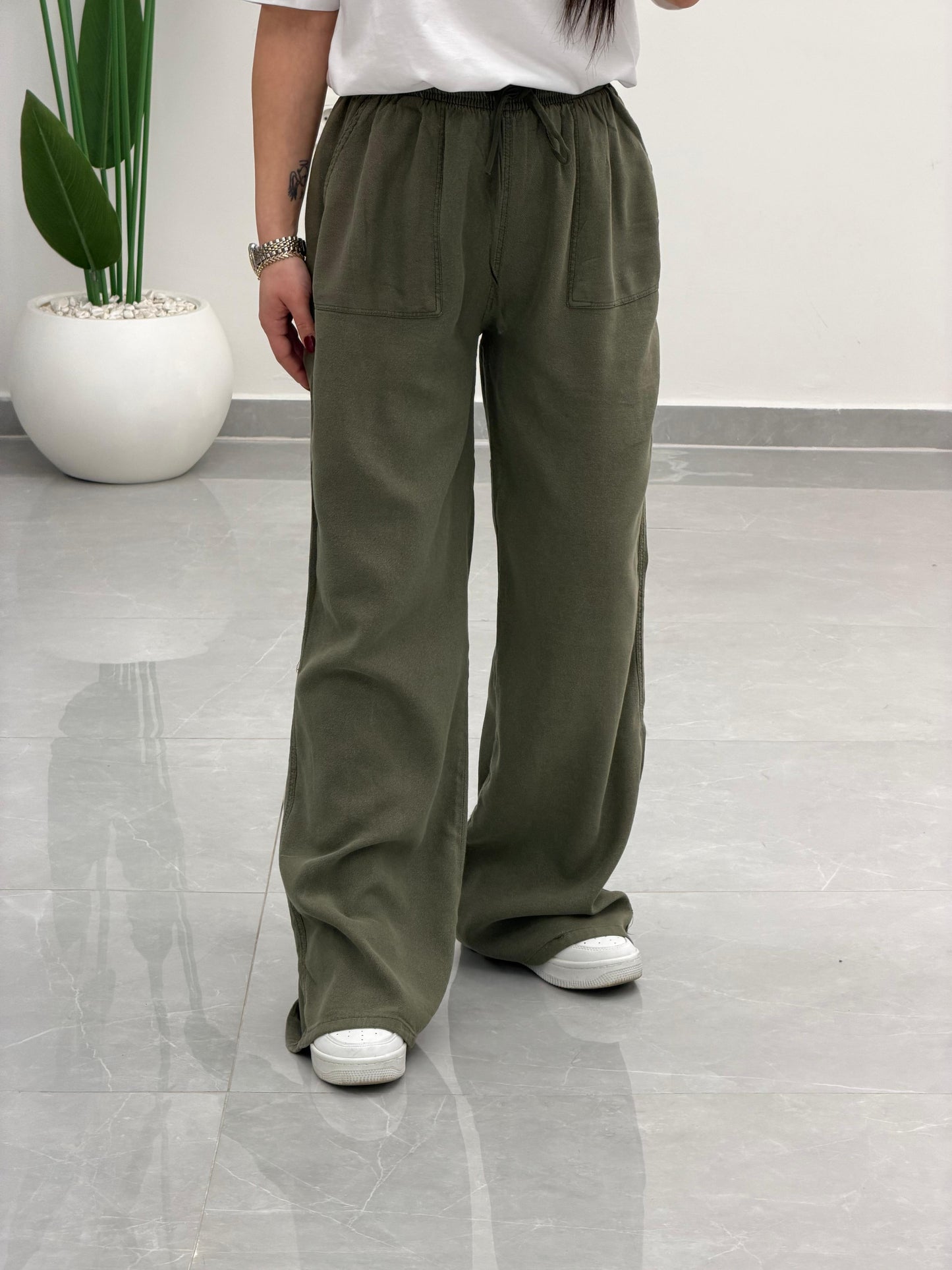 Bol Paça Yüksek Bel Tensel Palazzo Pantolon Haki