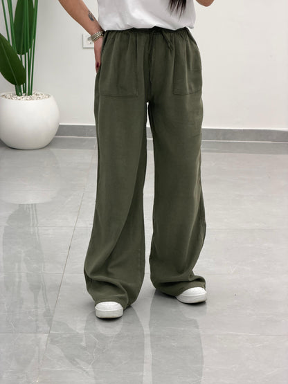 Bol Paça Yüksek Bel Tensel Palazzo Pantolon Haki