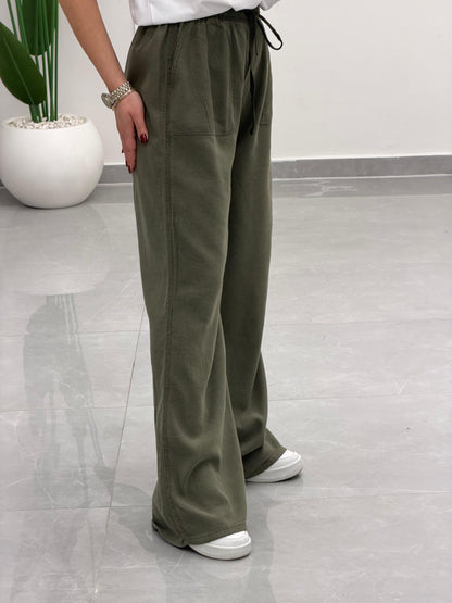 Bol Paça Yüksek Bel Tensel Palazzo Pantolon Haki