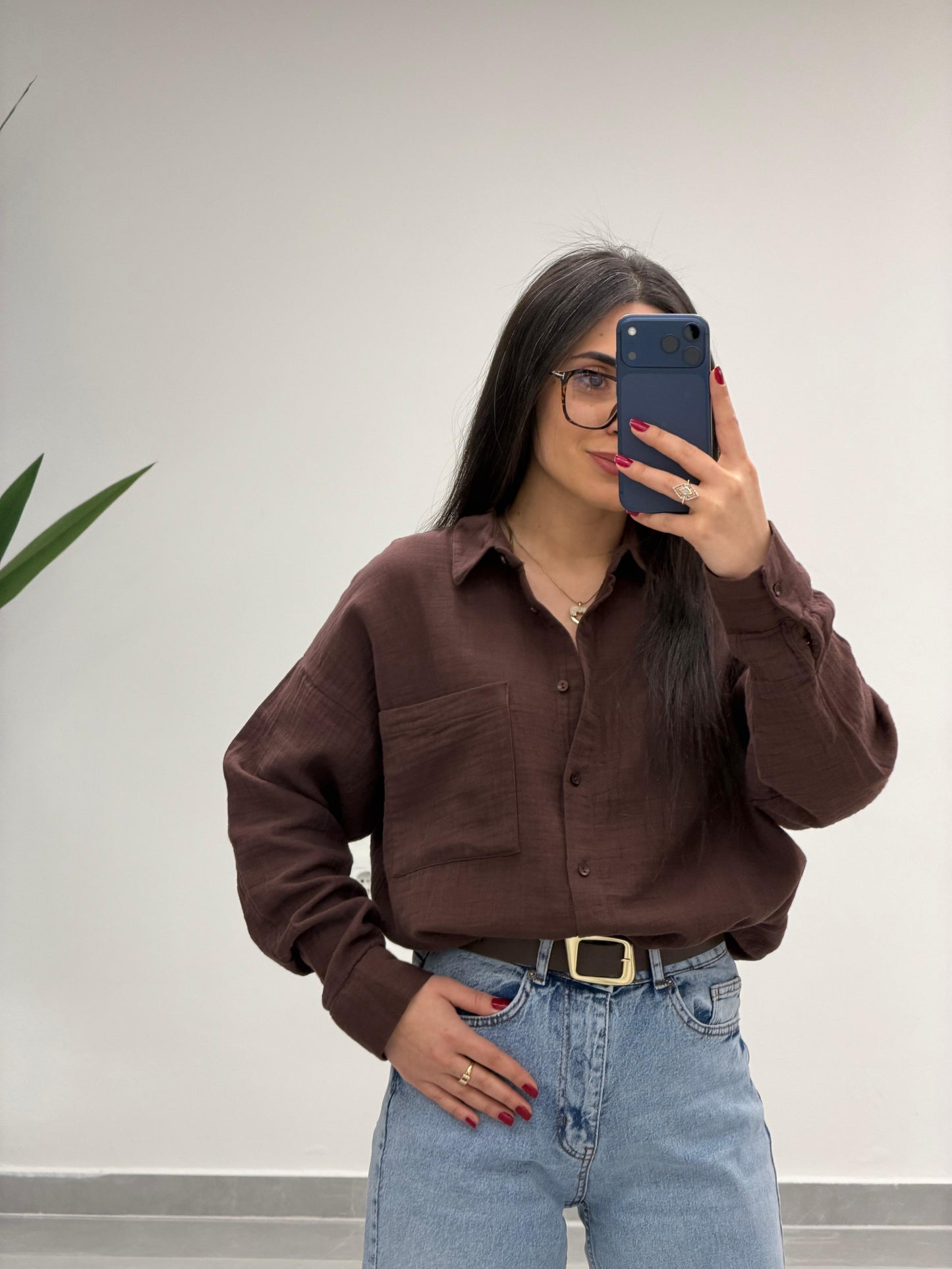 Tek Cepli Oversize Müslin Gömlek Kahve