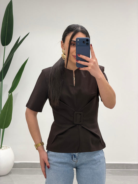 Toka Detay Vatkalı Bluz Kahve