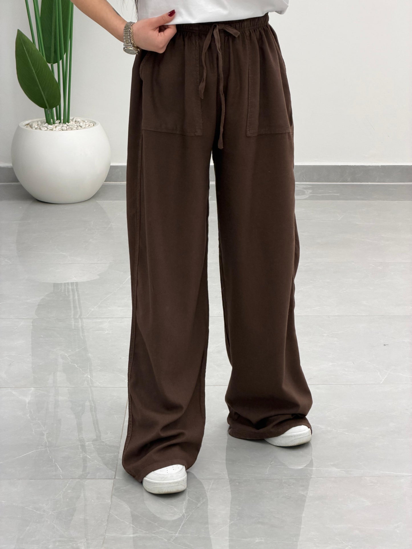 Bol Paça Yüksek Bel Tensel Palazzo Pantolon Kahve