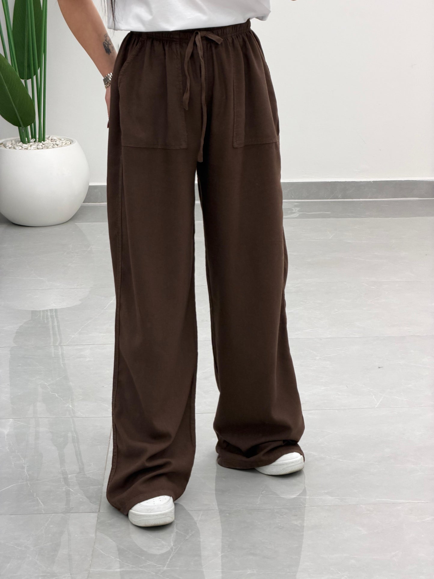 Bol Paça Yüksek Bel Tensel Palazzo Pantolon Kahve