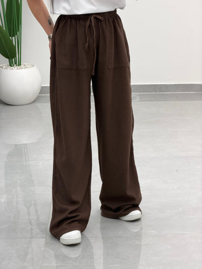 Bol Paça Yüksek Bel Tensel Palazzo Pantolon Kahve