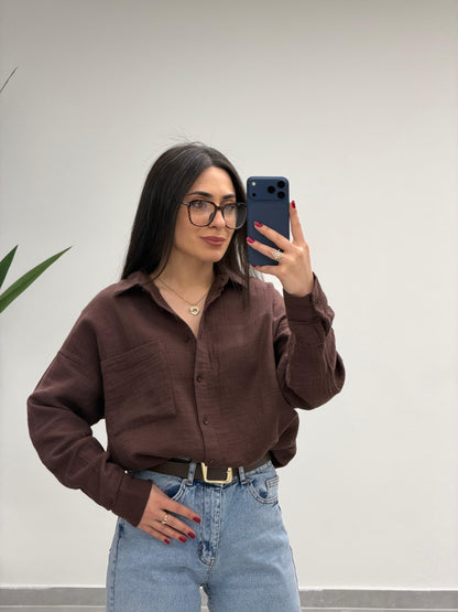 Tek Cepli Oversize Müslin Gömlek Kahve
