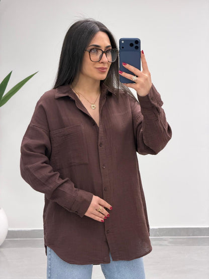 Tek Cepli Oversize Müslin Gömlek Kahve