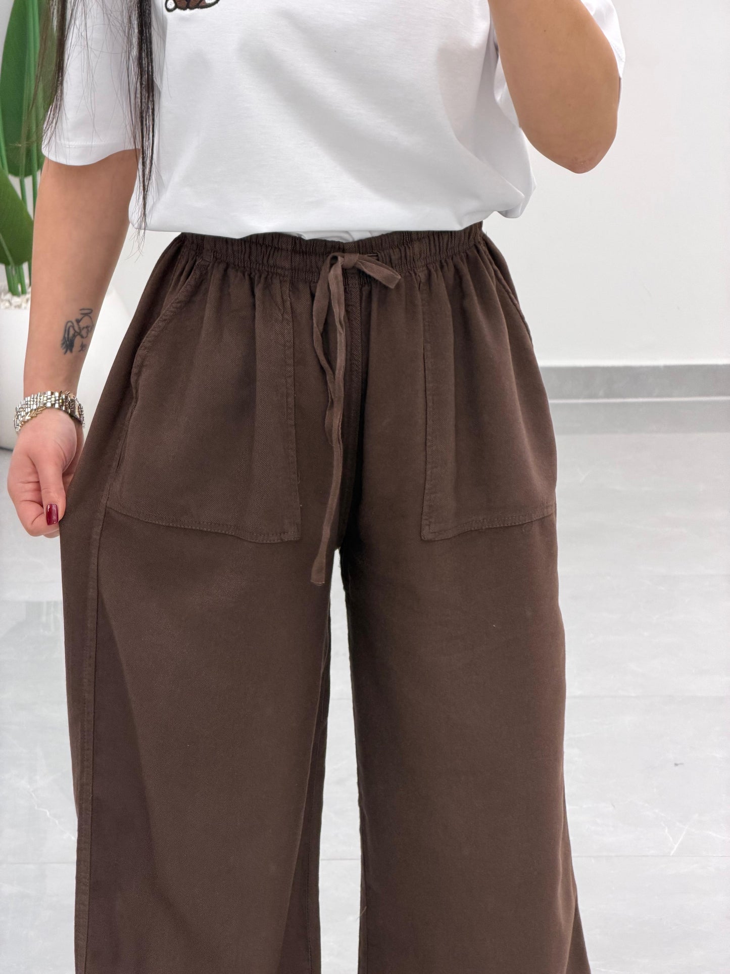 Bol Paça Yüksek Bel Tensel Palazzo Pantolon Kahve