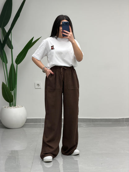 Bol Paça Yüksek Bel Tensel Palazzo Pantolon Kahve