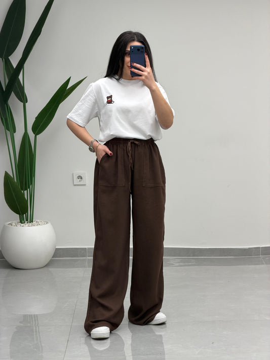 Bol Paça Yüksek Bel Tensel Palazzo Pantolon Kahve