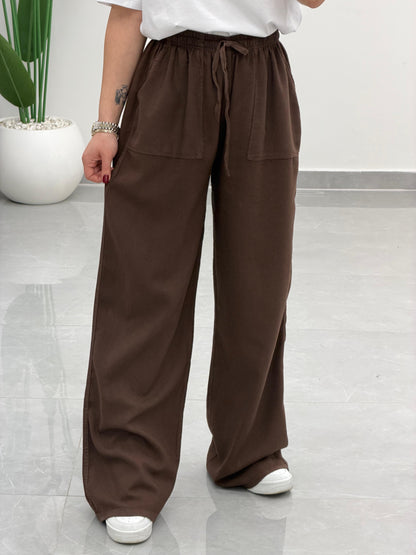 Bol Paça Yüksek Bel Tensel Palazzo Pantolon Kahve