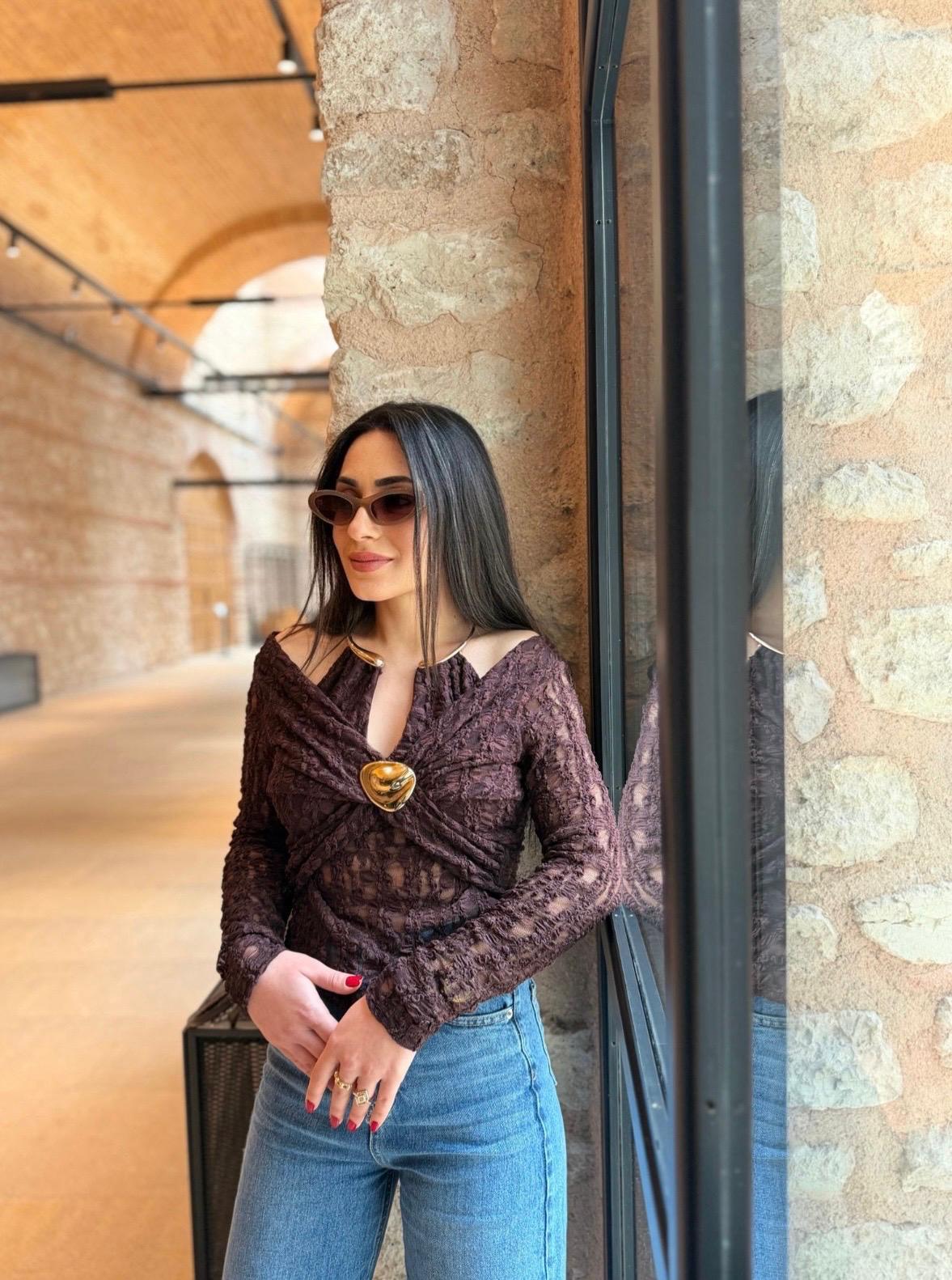 Tasarım Dantelli Bluz Kahve