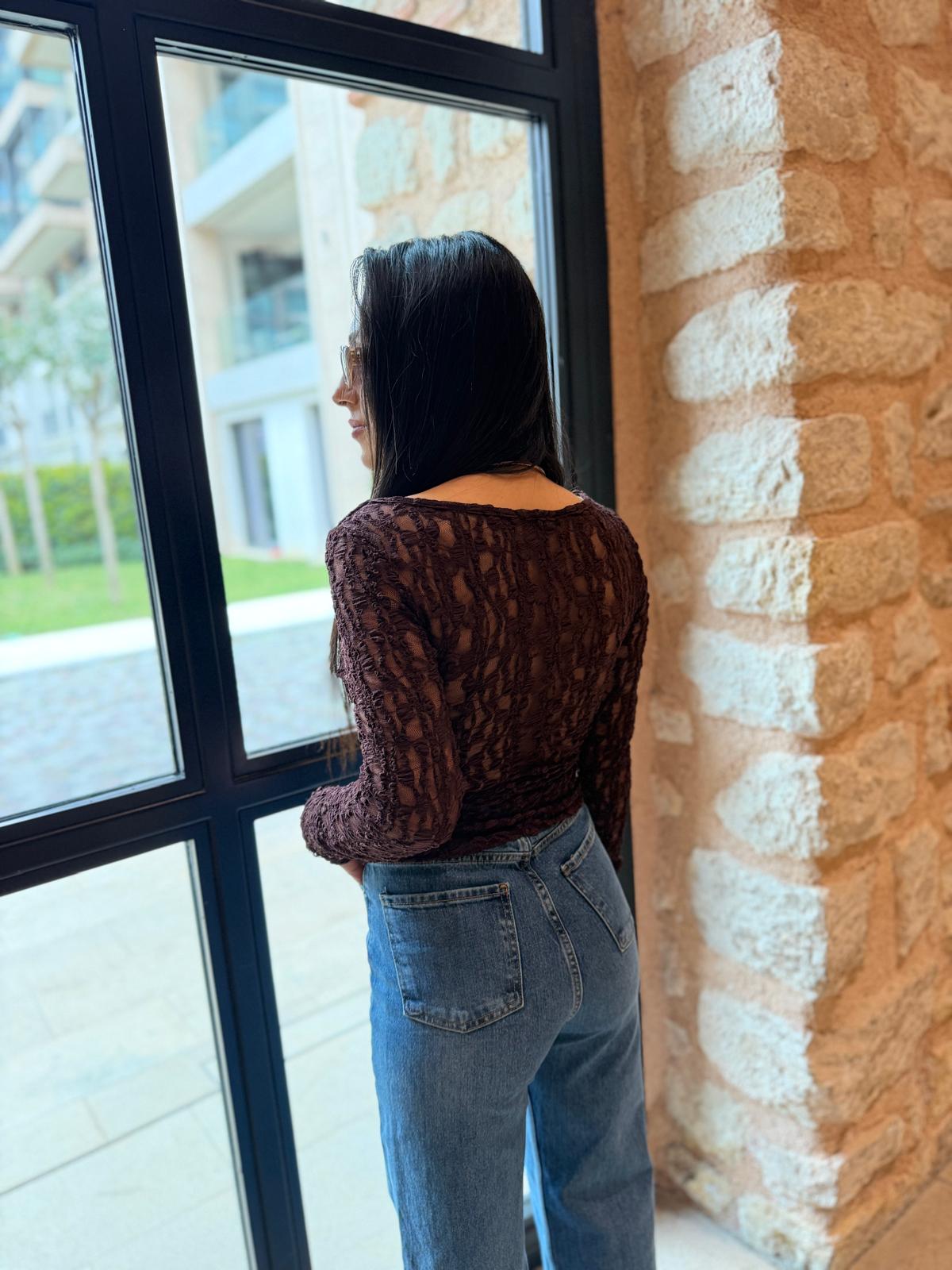 Tasarım Dantelli Bluz Kahve